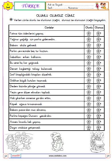 2. Sınıf Türkçe Olumlu ve Olumsuz Cümle Etkinliği